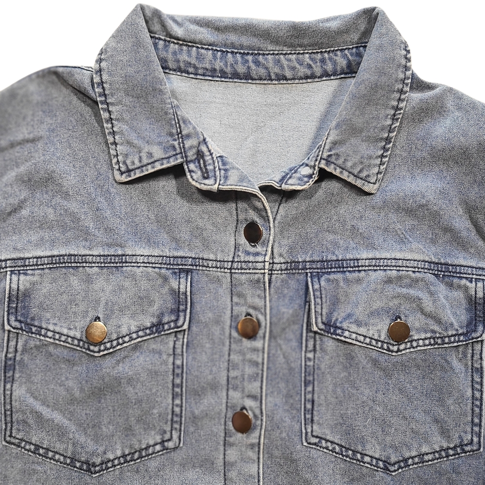 Oversized Denim Shacket Button Down Raw Hem Long … - image 5